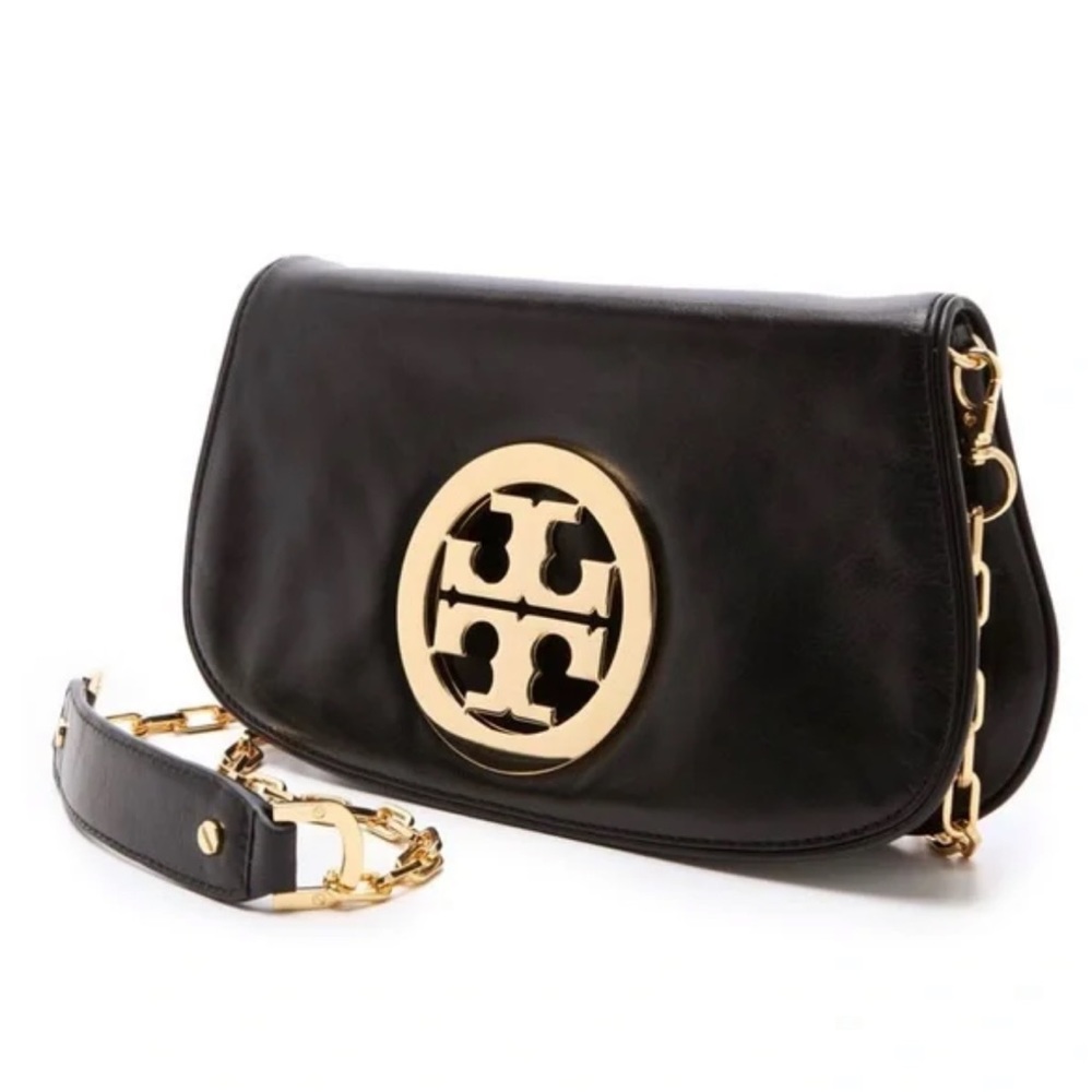 TORY BURCH BLACK + GOLD REVA CROSS BODY BAG/CLUTCH